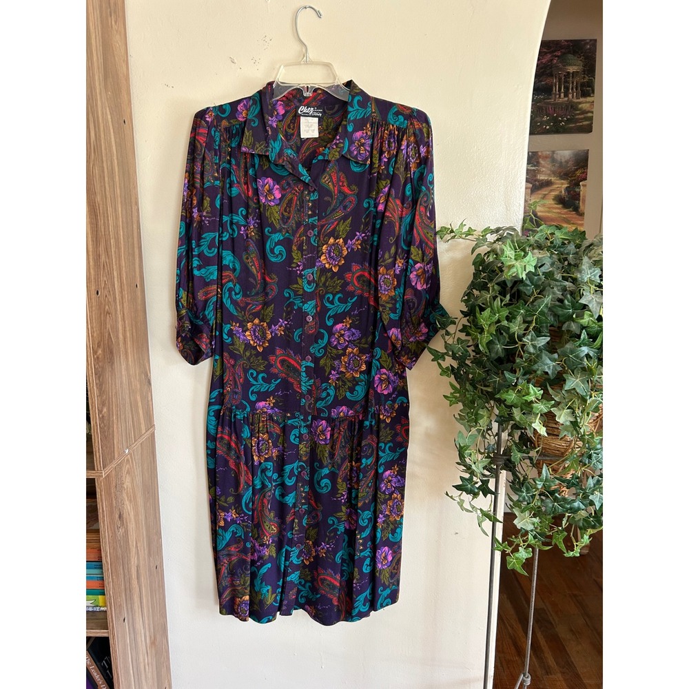 Chez California Tandy Dress Women 18W Purple Paisley Floral Vintage Excellent